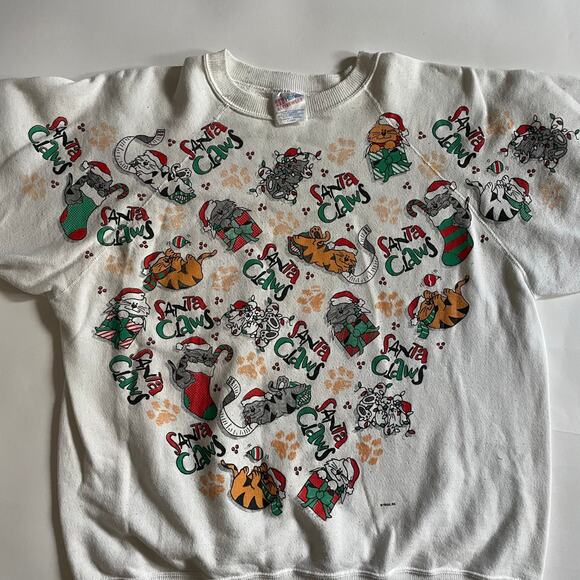 Vintage 90s Santa Claws Christmas Cat Cartoon Trisar Raglan Crewneck Sweatshirt - Picture 2 of 5